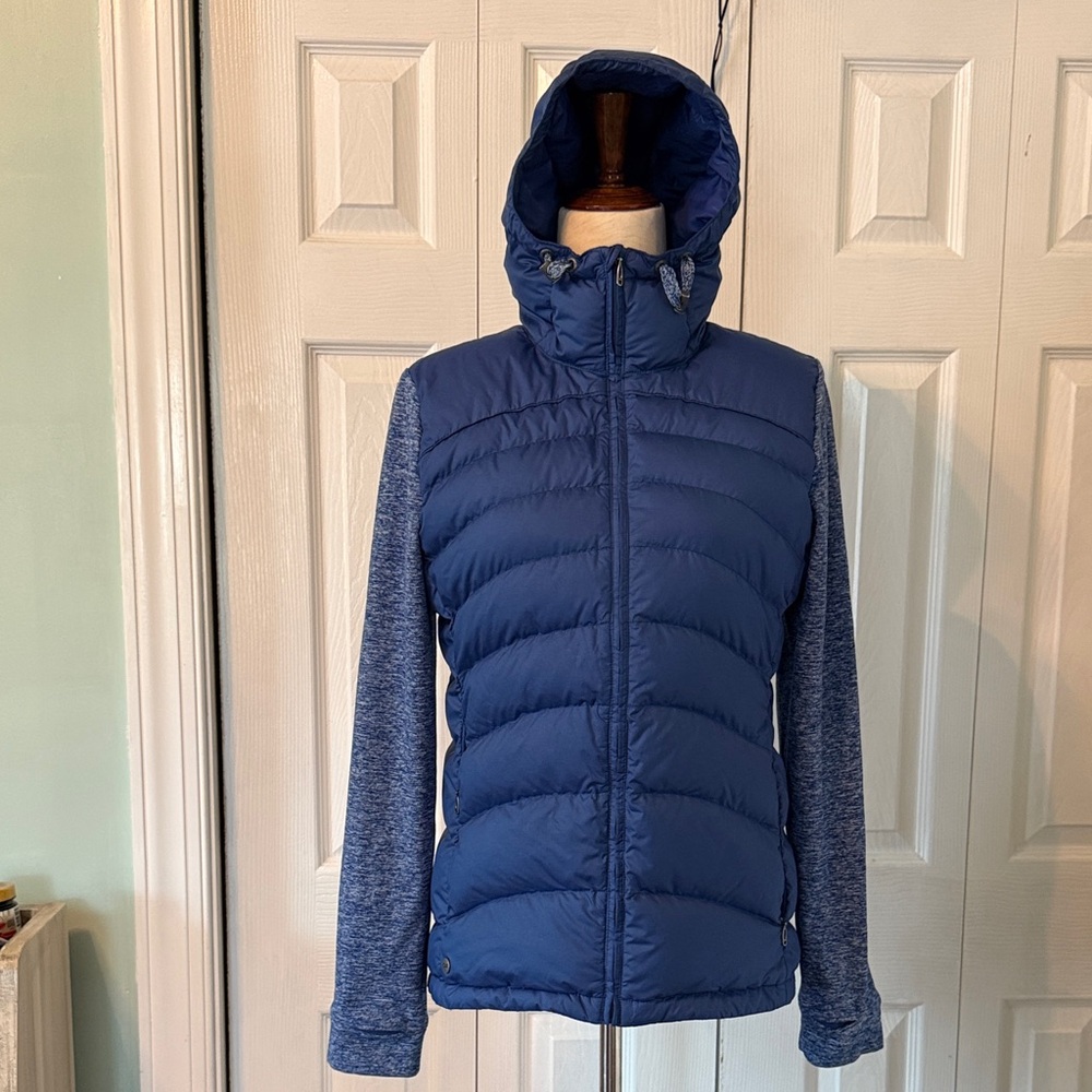 Outdoor Research Jacket Women’s Blue Puffer Plaza Hoody Duck Down Stretch Sz M